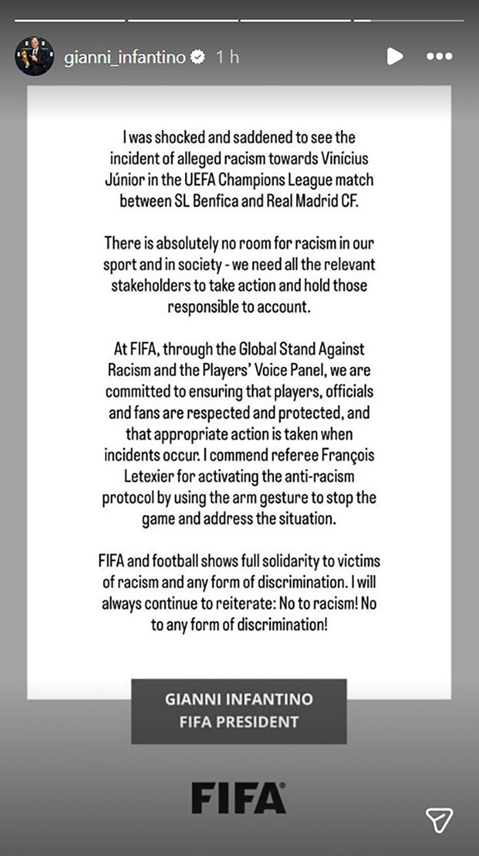 El mensaje del presidente de la FIFA tras la acusación de racismo que Vinicius Jr