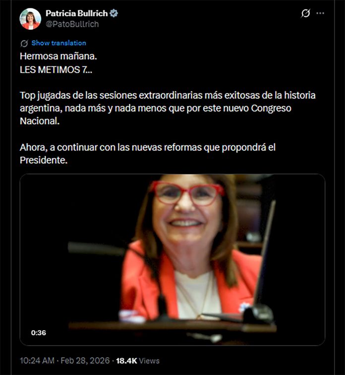 “Les metimos 7″: el llamativo festejo de Patricia Bullrich tras la aprobación de la reforma laboral