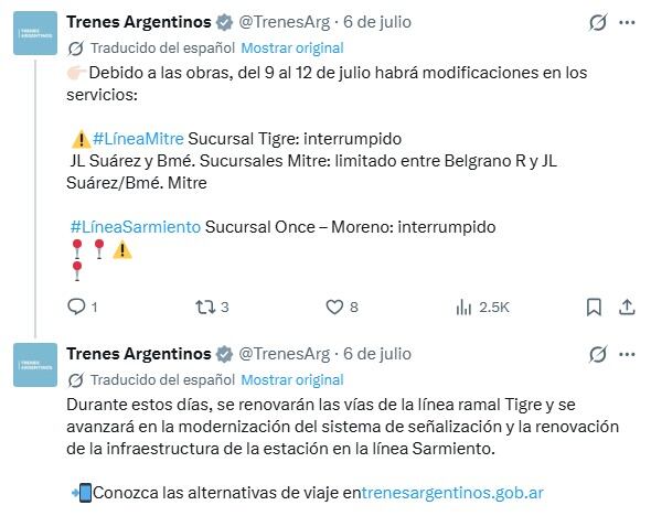 Dos líneas de ferrocarriles interrumpieron sus servicios durante el fin de semana largo: cuáles son y qué tramos se ven afectados