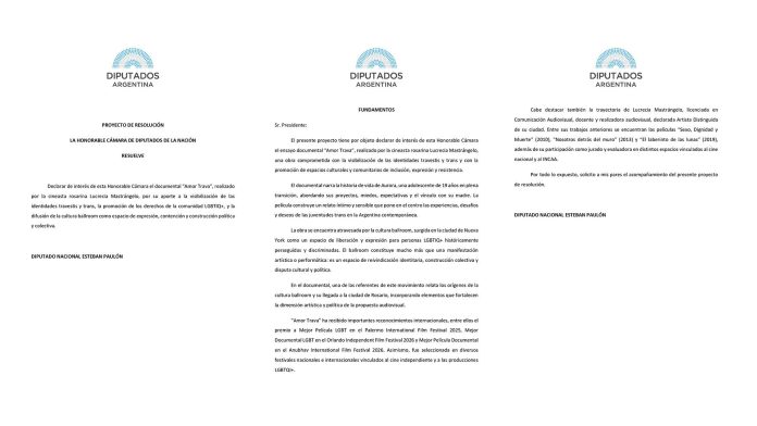 El diputado Esteban Paulón propuso declarar de interés público al documental “Amor trava”