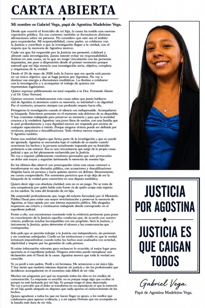 La carta del padre de Agostina Vega a un mes del crimen en Córdoba: “Esto no es un juego, es el femicidio de mi hija”