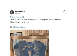 Milei celebró el triunfo de Noruega ante Brasil y mostró una camiseta del Manchester City firmada por Haaland