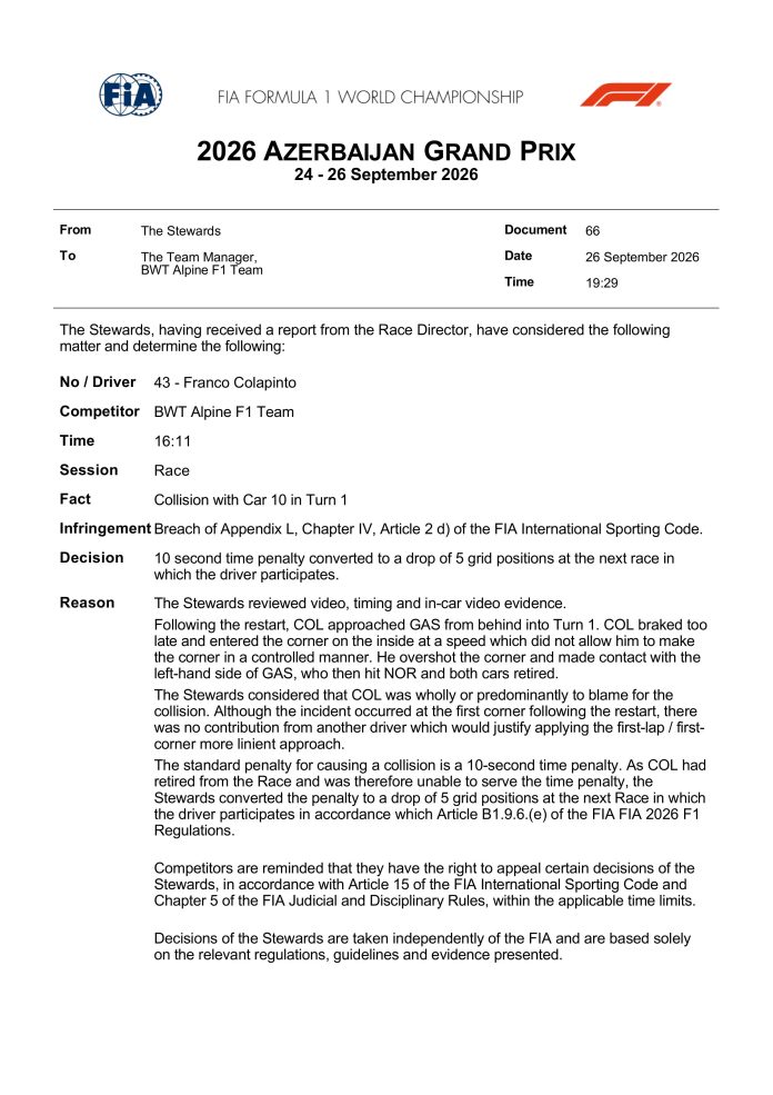 La penalización que deberá cumplir Franco Colapinto en la próxima carrera tras el choque a Pierre Gasly
