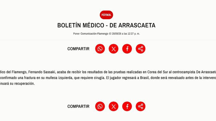 Preocupación en Uruguay y en Flamengo por la fractura que sufrió Giorgian De Arrascaeta: el momento de la lesión