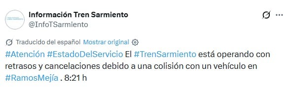 Problemas con el Tren Sarmiento: demoras y cancelaciones por choque en la estación Ramos Mejía