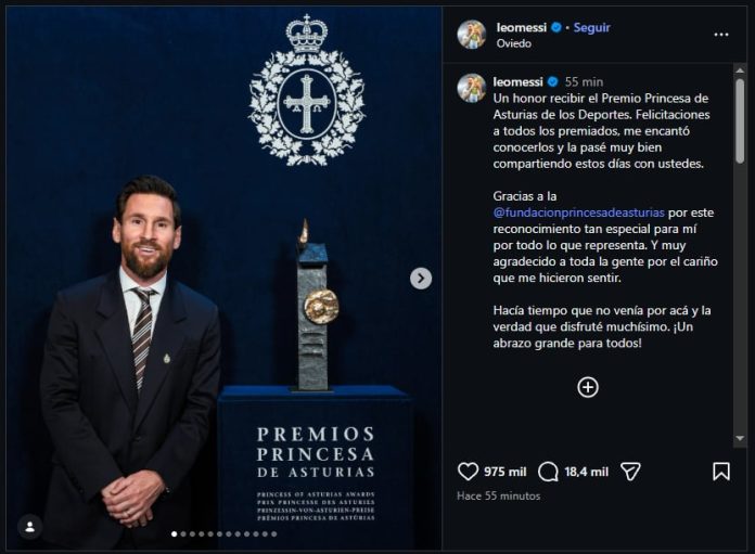 El sentido mensaje de Lionel Messi tras recibir el Premio Princesa de Asturias en España: “Es un honor”