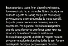 Un futbolista de Racing desafió a los hinchas mostrándoles la panza tras el clásico y debió salir a pedir disculpas: “No aguanté una falta de respeto”