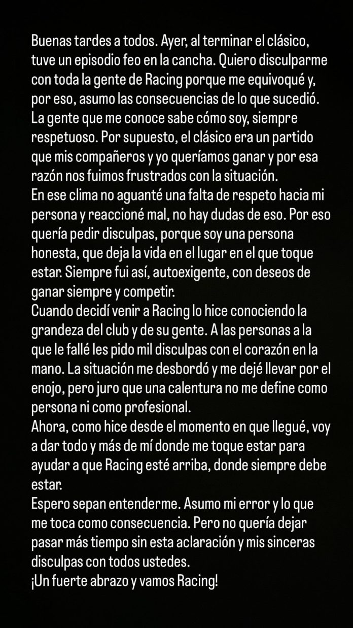Un futbolista de Racing desafió a los hinchas mostrándoles la panza tras el clásico y debió salir a pedir disculpas: “No aguanté una falta de respeto”